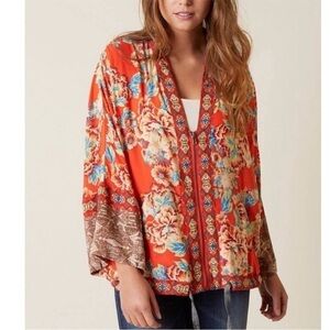 Free People Wildflower Cinched Kimono Top Red Floral chiffon zip front M/L